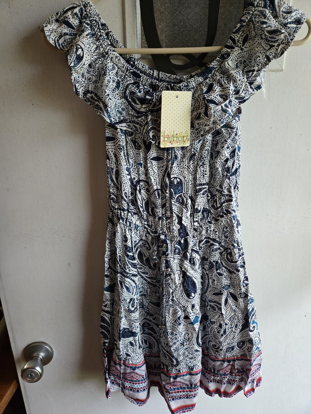 Bebop Blue and White Paisley Off-Shoulder Dress NWT